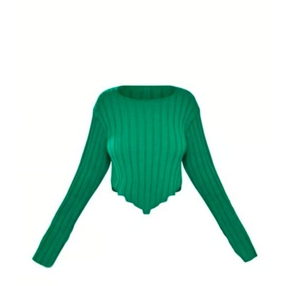 PrettyLittleThing Green Chunky Knit Long Sleeve Dip Hem Crop Top NWT UK Size XXL - Picture 5 of 7